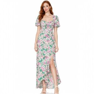 ASTR The Label Dayanara Dress Green Pink Floral Puff Sleeve Slit Maxi size Large